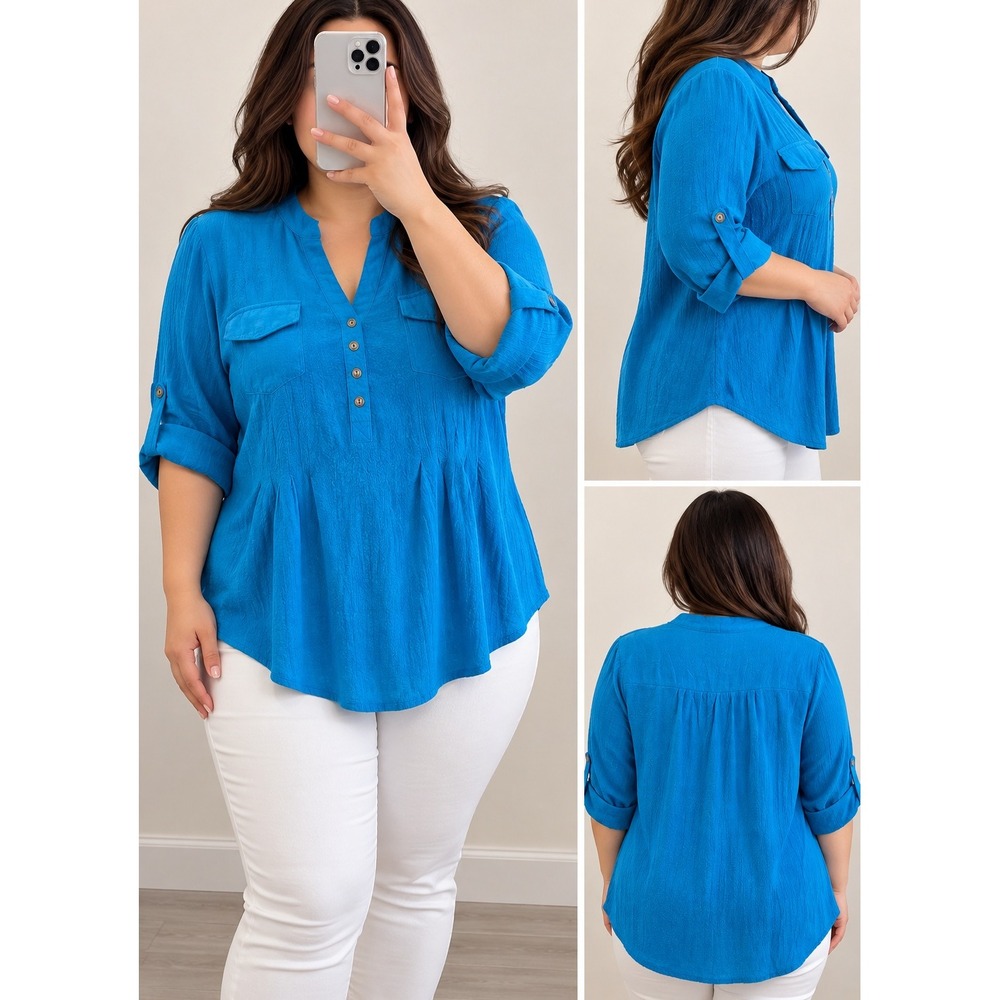 New Directions Petite Blue Roll Tab Sleeve Henley Blouse PXL